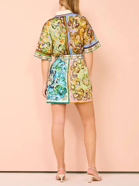 Collared Short Sleeve Belted Scarf Print Shirt Mini Dress