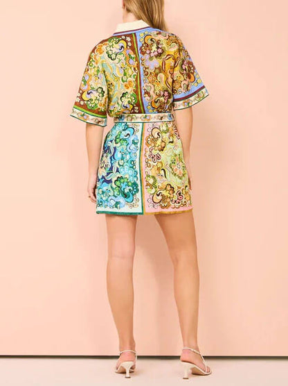 Collared Short Sleeve Belted Scarf Print Shirt Mini Dress