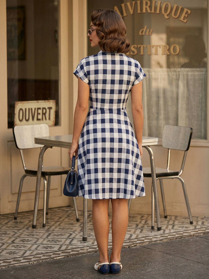 Gingham Vintage Dress Short Sleeve Hepburn Style A-line Midi Dress For Women 2026