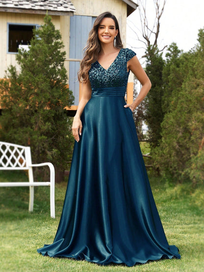 Sequined V neck Evening Dress for Cocktail Elegant Satin A line Dress Party