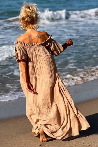 Linen Blend Ruffle Off Shoulder Puff Sleeve A-line Maxi Dress