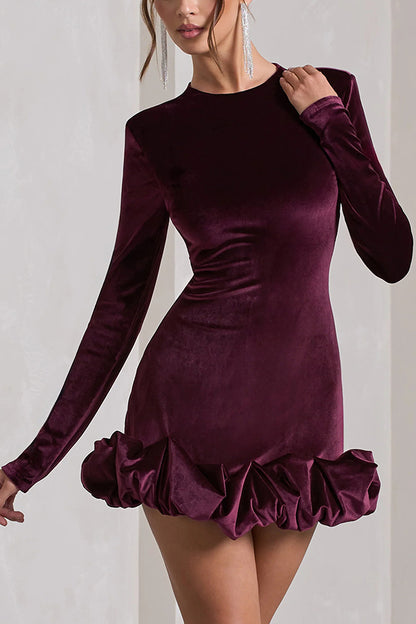 Solid Color Velvet Slim-fit Long-sleeved Mini Dress