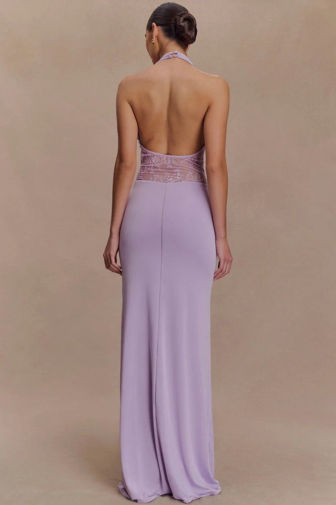 Halter Plunging V-Neck Lace Panel Ruched Drape Maxi Gown