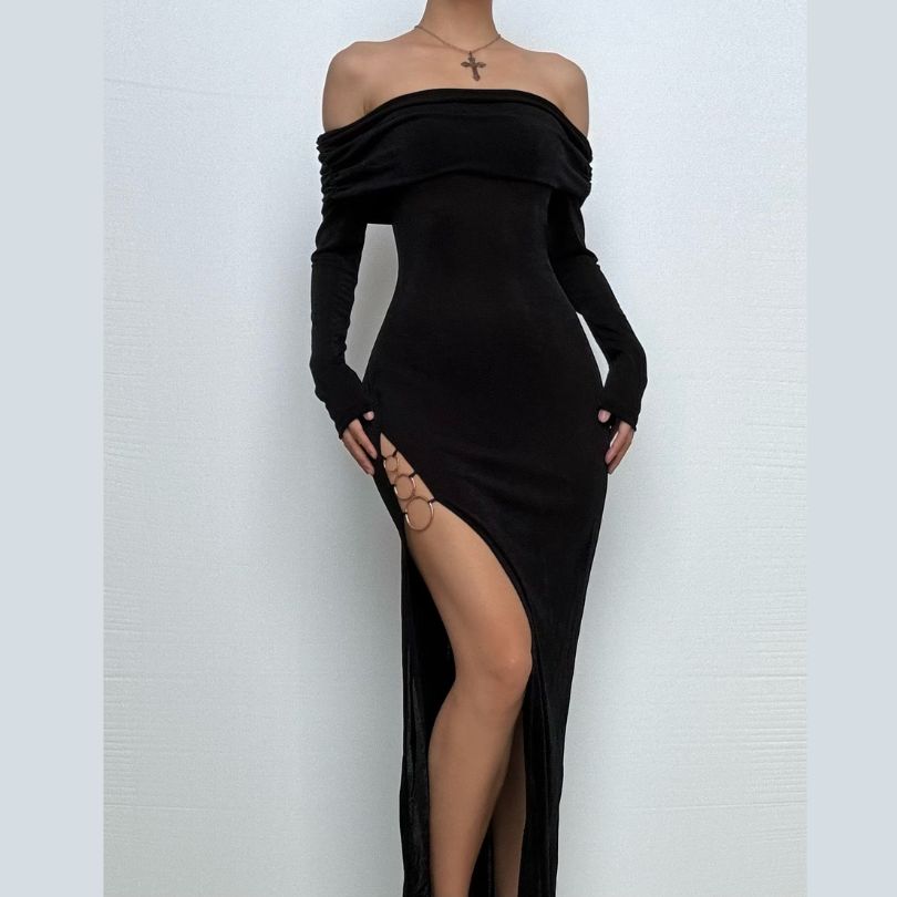 Off shoulder long sleeve high slit o ring maxi dress