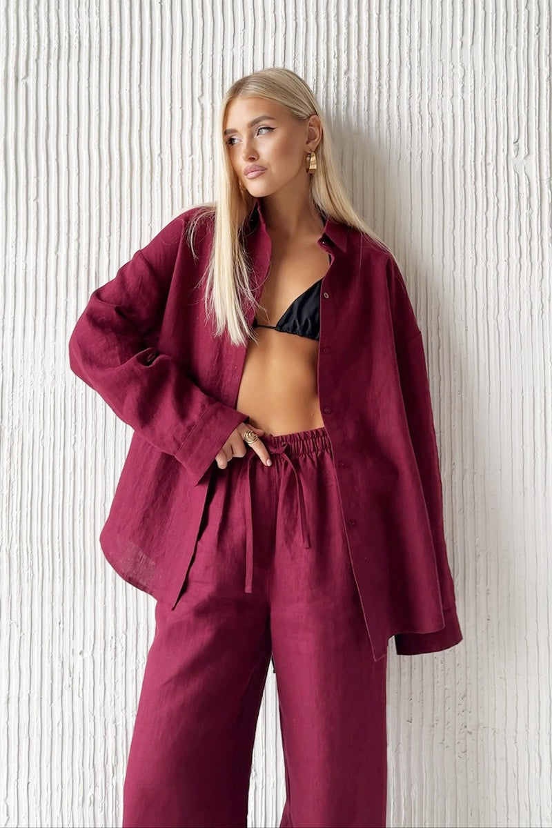 Cotton Long Sleeve Button Down Shirt Pants Set