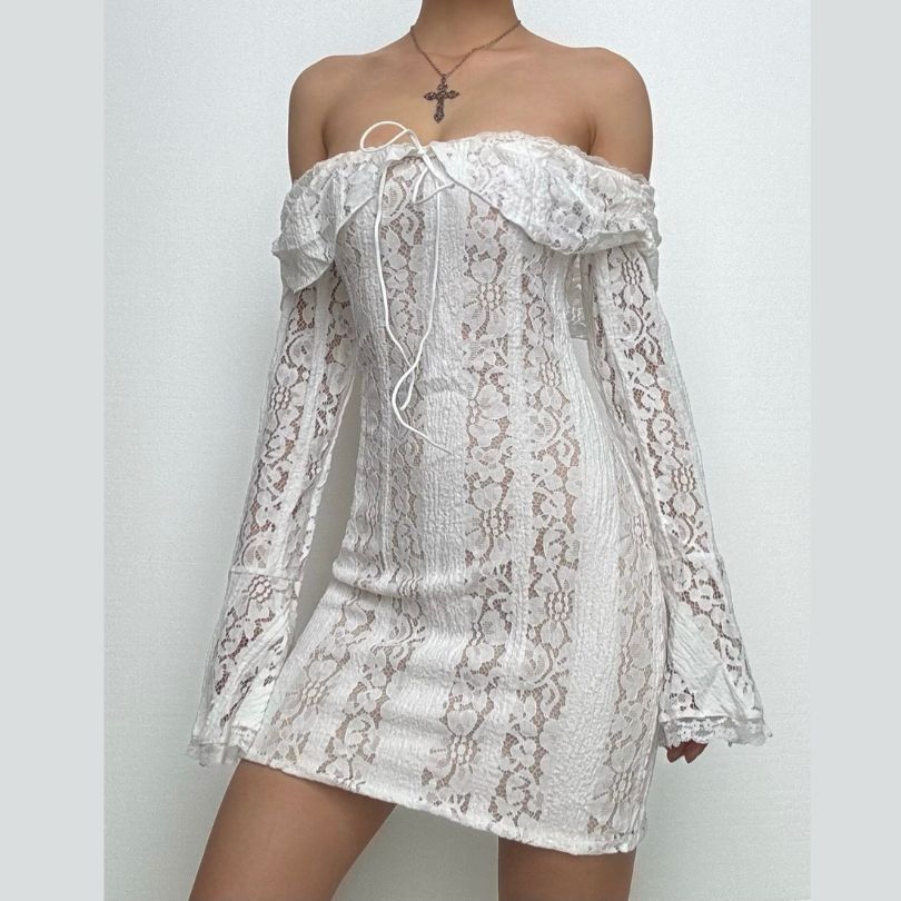 Long flared sleeve off shoulder lace mini dress