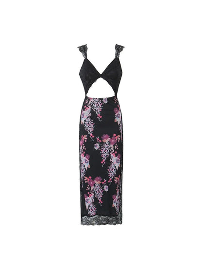 Hollow Out V Neck Lace Floral Print Dress