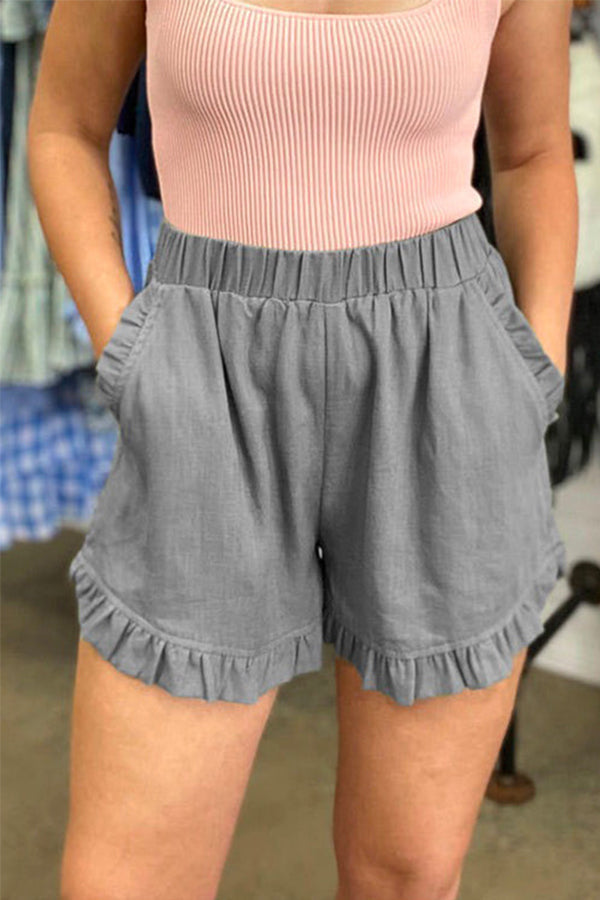 Elastic Waist Wide Leg Ruffle Cotton Linen Shorts