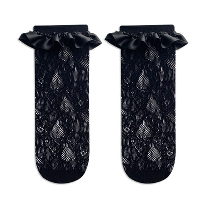 Lace ruffle satin solid long socks
