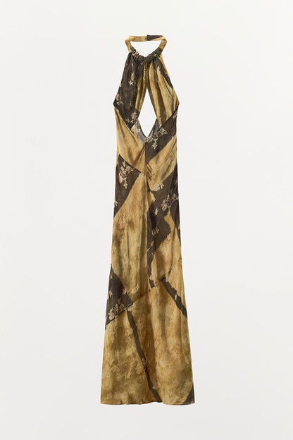 Ninah Color-block Floral Print Cutout Adjustable Halter Neck Maxi Dress