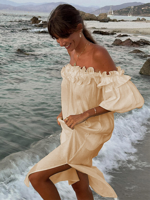White Off Shoulder Long Dress For Women - Linen Cotton Boho Ruffle Lantern Sleeve Loose Beach Sundress - Summer Vacation 2026
