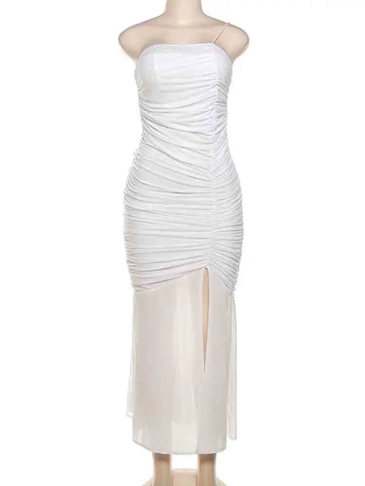 White Mesh Speaghetti Strap Fishtail Slit Dress
