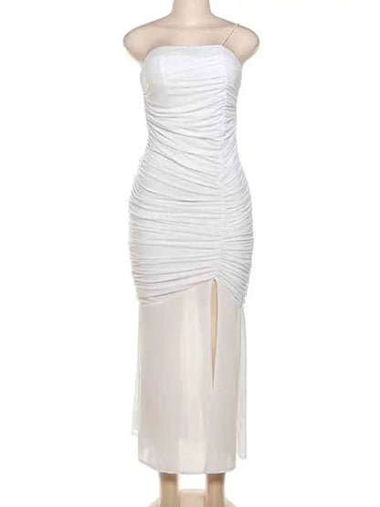 White Mesh Speaghetti Strap Fishtail Slit Dress