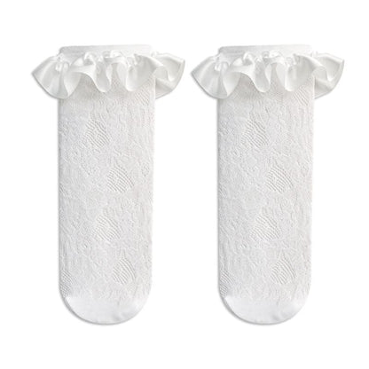 Lace ruffle satin solid long socks
