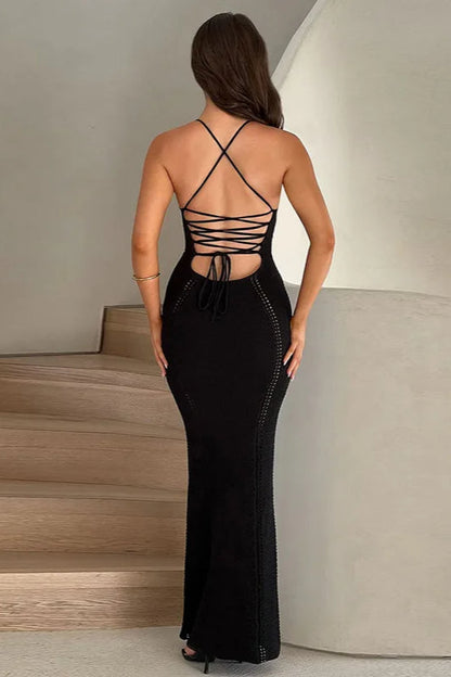 Crochet Knit Halter Deep V Ladder Panel Bodycon Maxi Dress