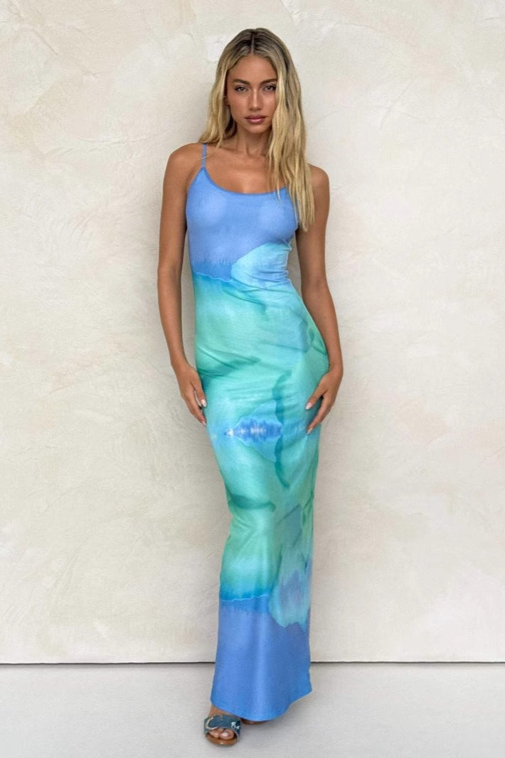 Gradient Floral Spaghetti Strap Fitted Bodycon Maxi Dress