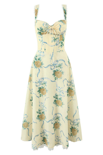 Lace Trim Drawstring Floral Print Midi Cami Dress