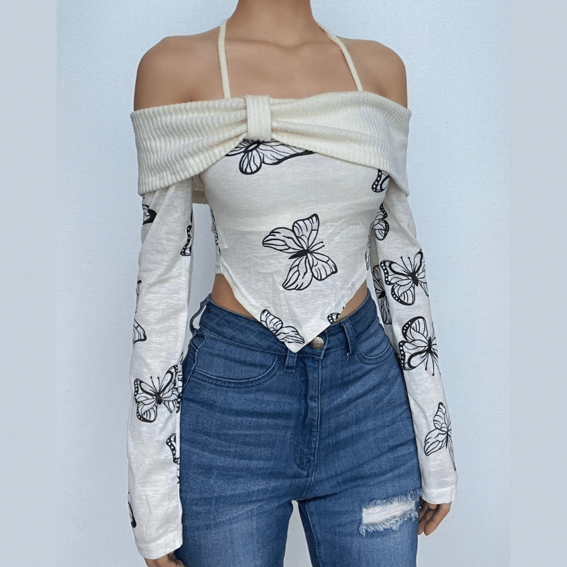 Butterfly print contrast off shoulder halter long sleeve crop top