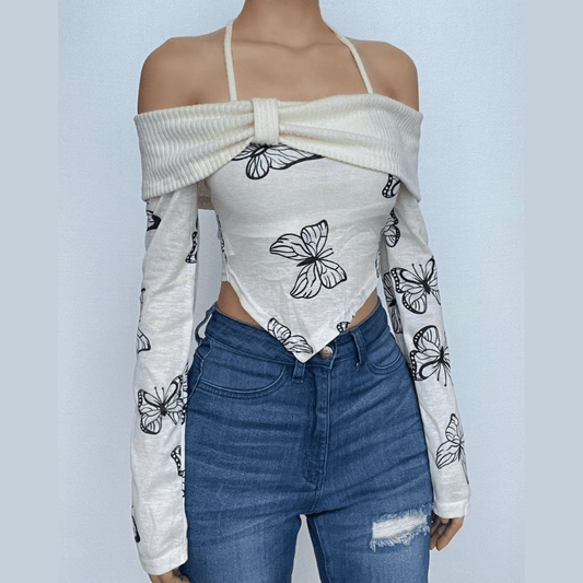 Butterfly print contrast off shoulder halter long sleeve crop top