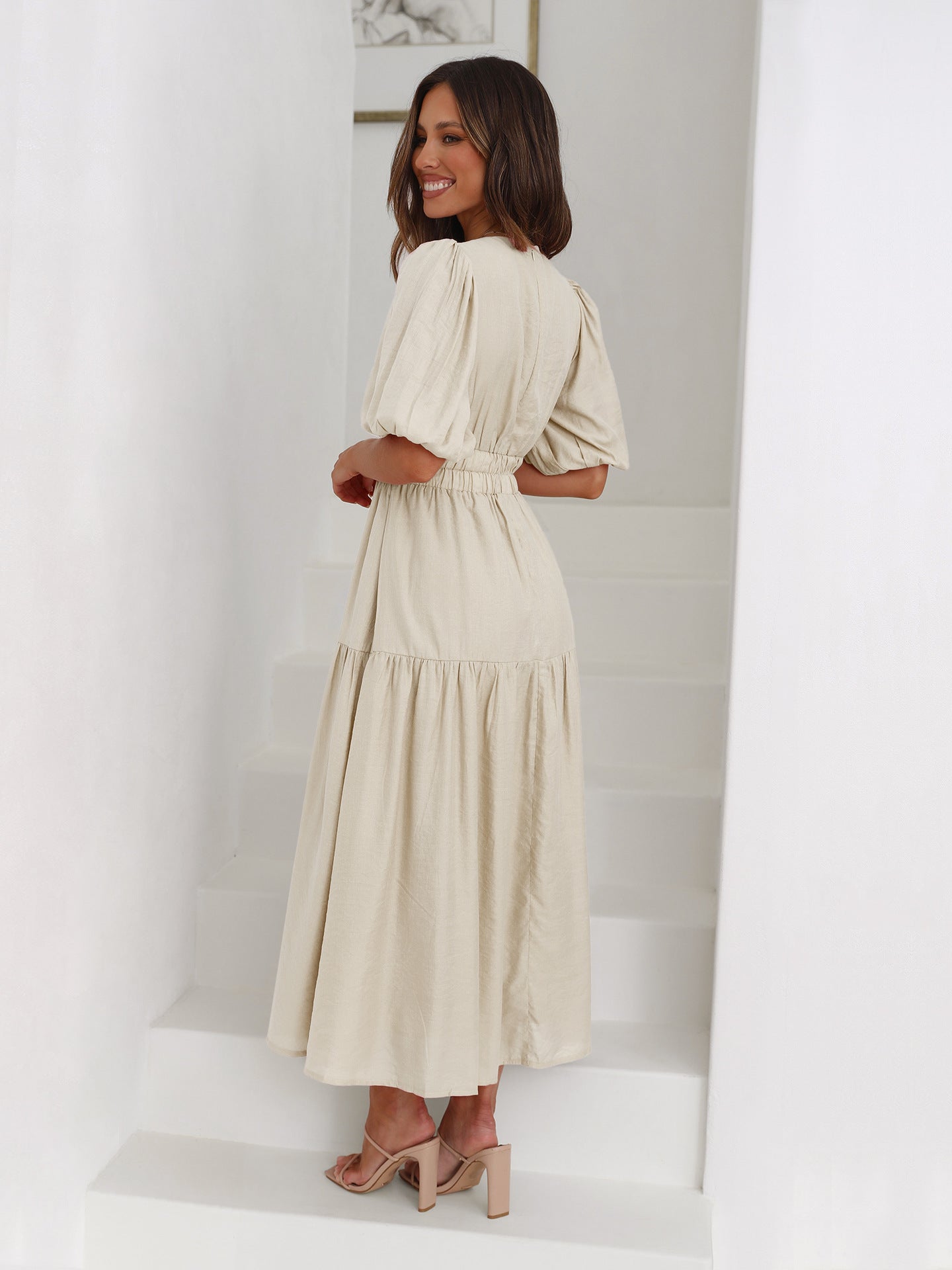 Deep V-Neck Puff Sleeve Smocked Waist Tiered Maxi Dress