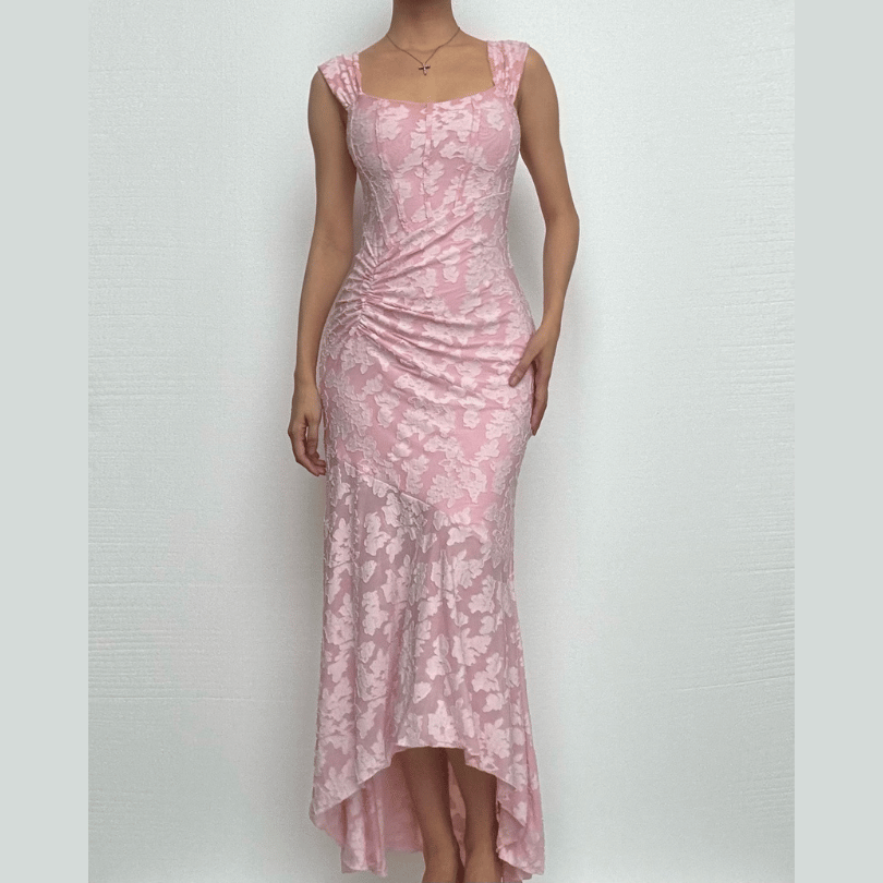 U neck zip-up ruched bustier ruffle cami maxi dress