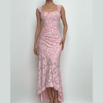 U neck zip-up ruched bustier ruffle cami maxi dress