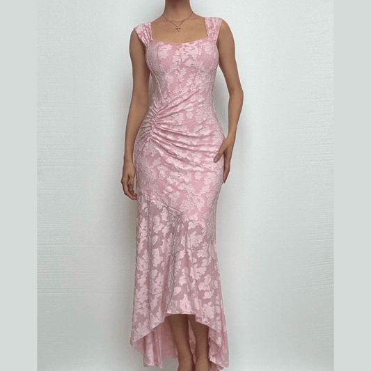 U neck zip-up ruched bustier ruffle cami maxi dress