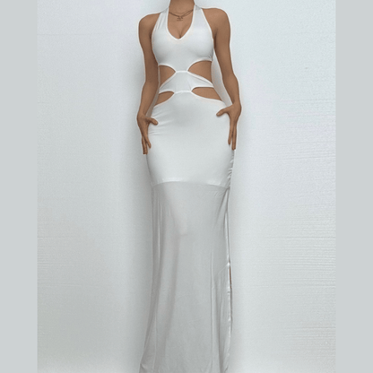 Halter v neck hollow out high slit cut out maxi dress-final-sale