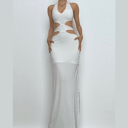 Halter v neck hollow out high slit cut out maxi dress-final-sale