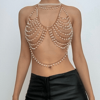Halter hollow out beaded metal chain cut out top