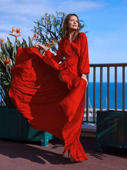 Bohemian Deep V Long Sleeve Slit Maxi Dress