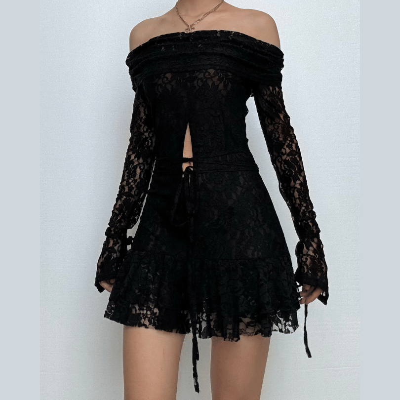 Long sleeve off shoulder lace self tie hollow out cut out mini dress