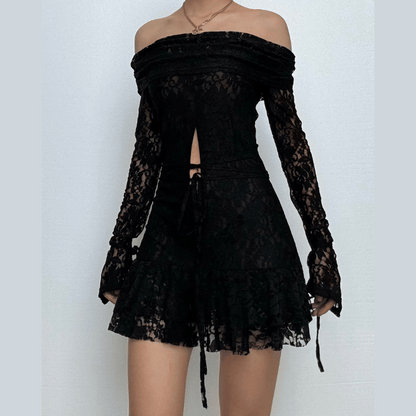 Long sleeve off shoulder lace self tie hollow out cut out mini dress