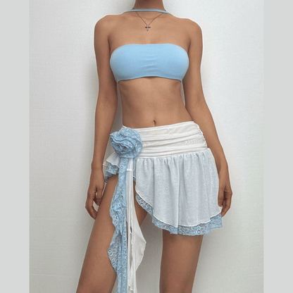 Irregular ruffle rose applique lace A line mini skirt