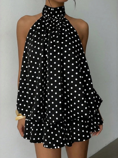 Halter Backless Lace Up Bud Polka Dots Mini&Short Dresses