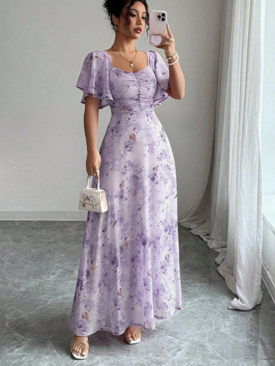 Floral Lotus Leaf Sleeves Sweetheart Collar Vacation And Leisure Maxi Dresses