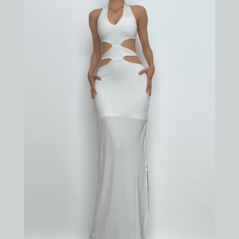 Halter v neck hollow out high slit cut out maxi dress