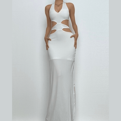 Halter v neck hollow out high slit cut out maxi dress