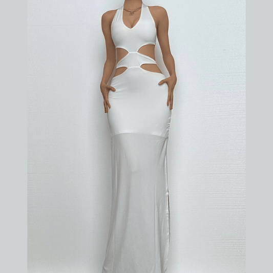 Halter v neck hollow out high slit cut out maxi dress
