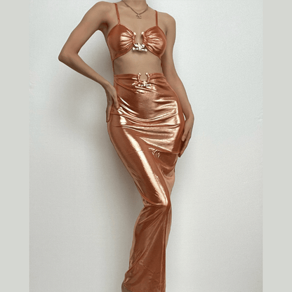 Hollow out metallic ruched backless metal applique cami cut out maxi dress-final-sale