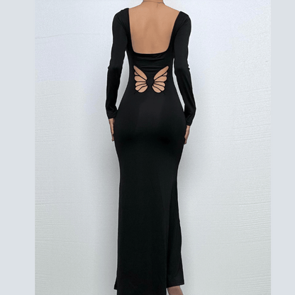 Long sleeve u neck butterfly pattern maxi dress