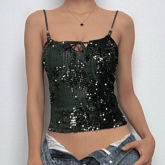 U neck glitter knotted beaded cami top