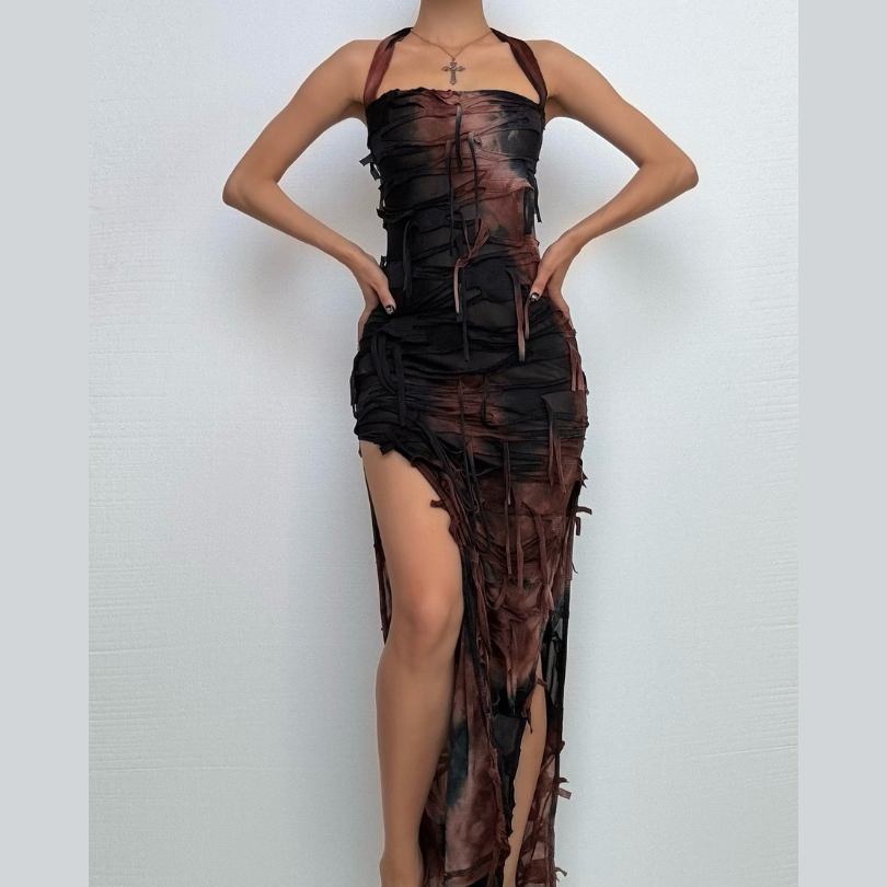 Halter tie dye high slit cross front maxi dress