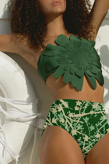 Floral Accent Green Printed Bikini Set