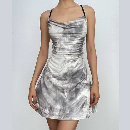 Tie dye cowl neck cross back backless ruched mini dress