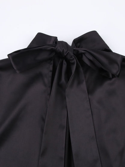 French Turtleneck Backless Lace up Bow A line Dress