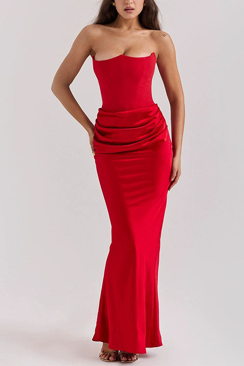 Meridress Strapless Ruched Satin Splice Bodycon Maxi Dress