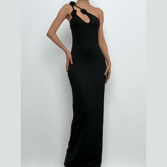 One shoulder flower applique maxi dress-final-sale