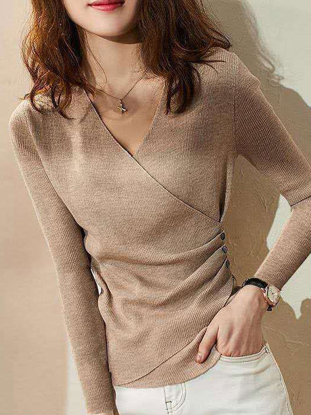 Jocelyn Casual V-Neck Solid Color Knitted Top-Black
