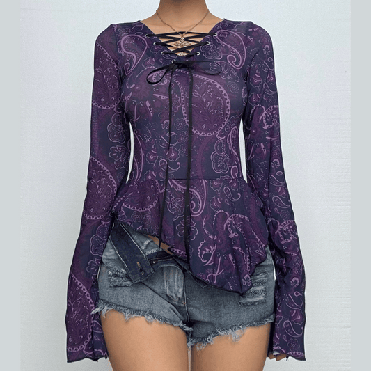 Long flared sleeve print lace up irregular sheer mesh ruffle top